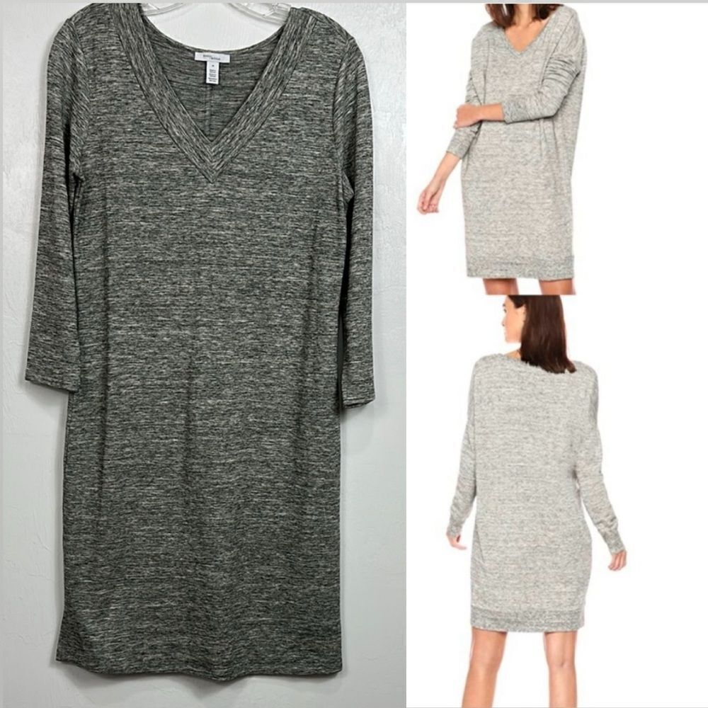 Anthropologie Daily Ritual Heather Gray V-Neck Knit Casual Sweater Dress Size M